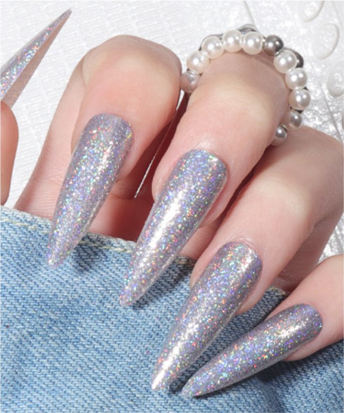 YU3GEMZ Stellar Shine: Long Stiletto Press-On Nails with Black Glitter and Silver Stars