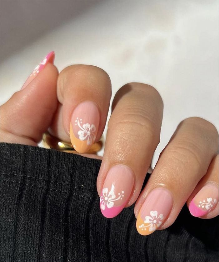 YU3GEMZ Sunrise Blossom: Short Stiletto Press-On Nails with Pink & Yellow Tip and Floral Designs