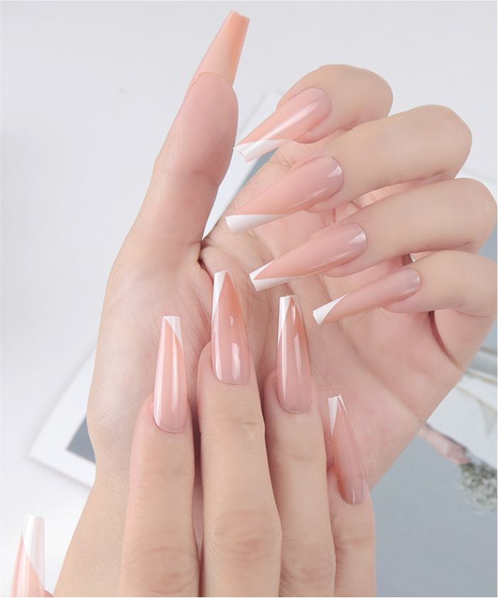 YU3GEMZ Apricot Whisper: Long Coffin Press-On Nails