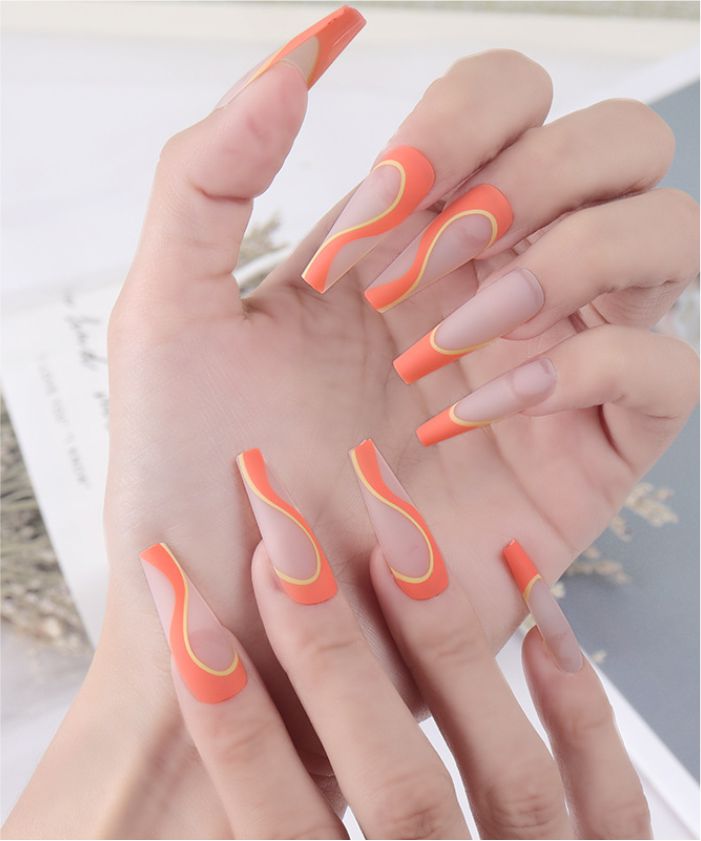 YU3GEMZ Orange Vortex: Fiery Red Coffin Press-On Nails with Flame Design