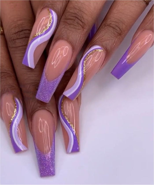 YU3GEMZ Lilac Glitter: Elegant Press-On Nails with Marble Design and French Tip