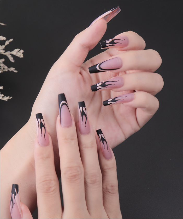 YU3GEMZ Blush Phantom: Long Coffin Press-On Nails with Flame Design