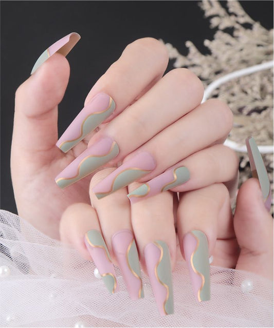 YU3GEMZ Minty Serenity: Long Coffin Press-On Nails with Glitter and Seashells