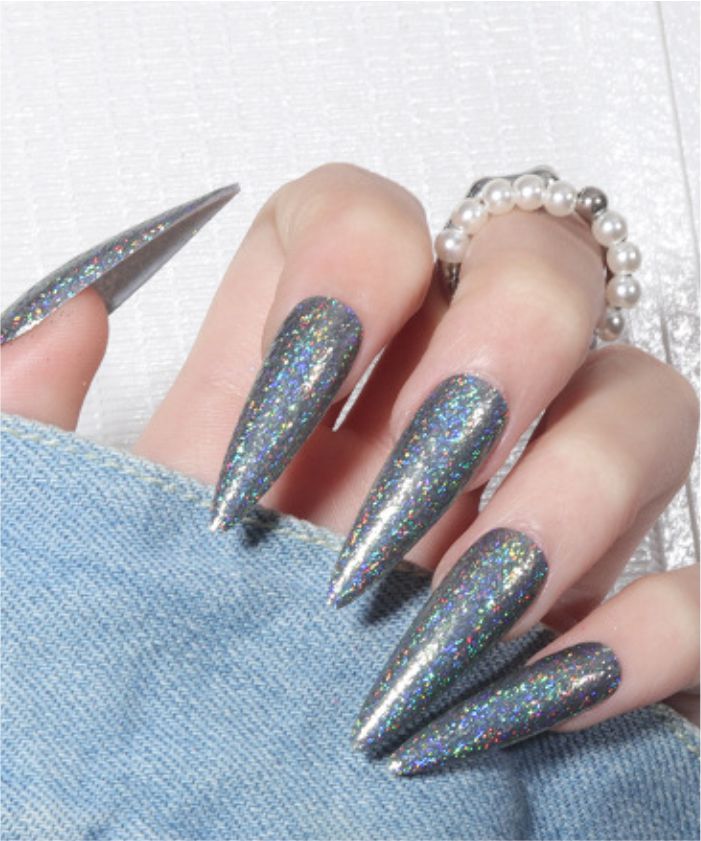 YU3GEMZ Galaxy Glitz: Long Stiletto Press-On Nails with Rhinestones and Glitter