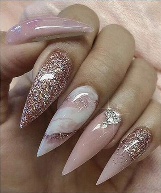 YU3GEMZ Rose Gold Rush: Long Stiletto Press-On Nails with White Tips and Pink Glitter Base