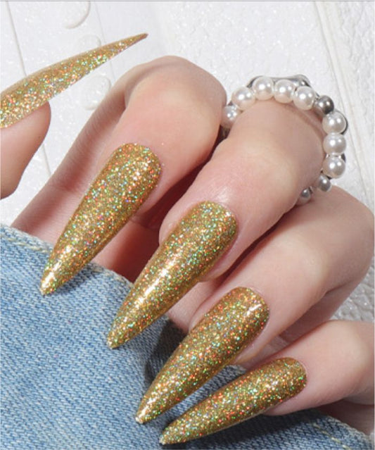 YU3GEMZ Nightfall Gleam: Long Stiletto Press-On Nails with Gold Glitter Accents