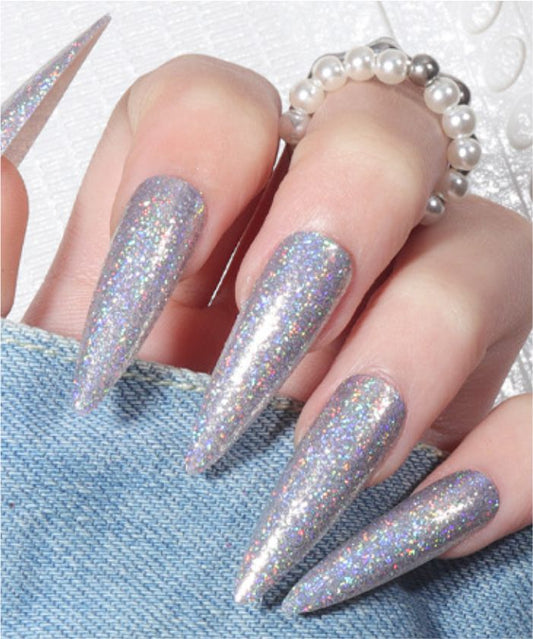 YU3GEMZ Stellar Shine: Long Stiletto Press-On Nails with Black Glitter and Silver Stars