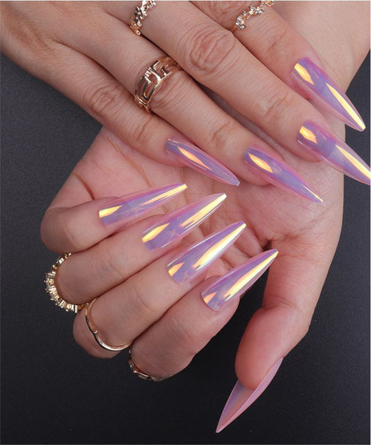 YU3GEMZ Holographic Halo: Long Stiletto Press-On Nails with Gold Glitter Accents