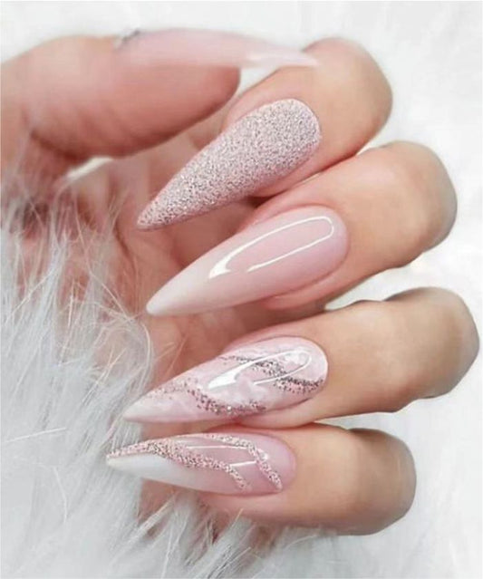 YU3GEMZ Glittering Frost: Long Stiletto Press-On Nails with Glitter and Stars