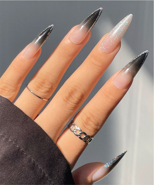 YU3GEMZ Galactic Glint: Long Stiletto Press-On Nails with Marble and Silver Glitter