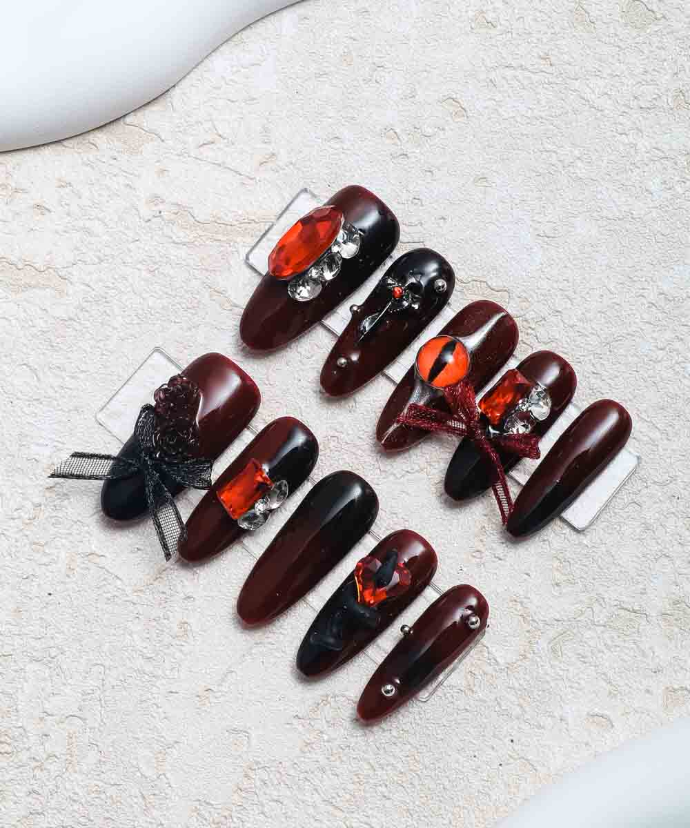 YU3GEMZ Garnet Glamour - Bold Red Press-On Nails with Eye Design