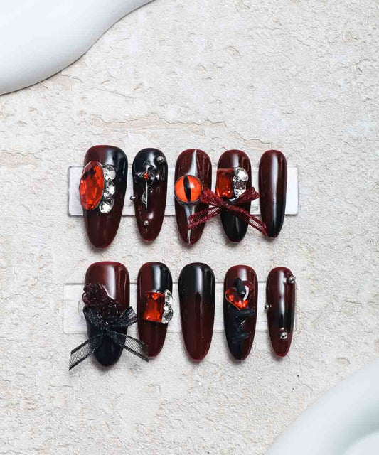 YU3GEMZ Garnet Glamour - Bold Red Press-On Nails with Eye Design