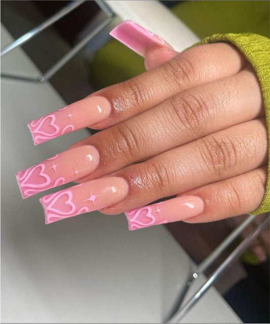 YU3GEMZ Heartfelt Pink: Long Square Press-On Nails with Moon and Star Embellishments