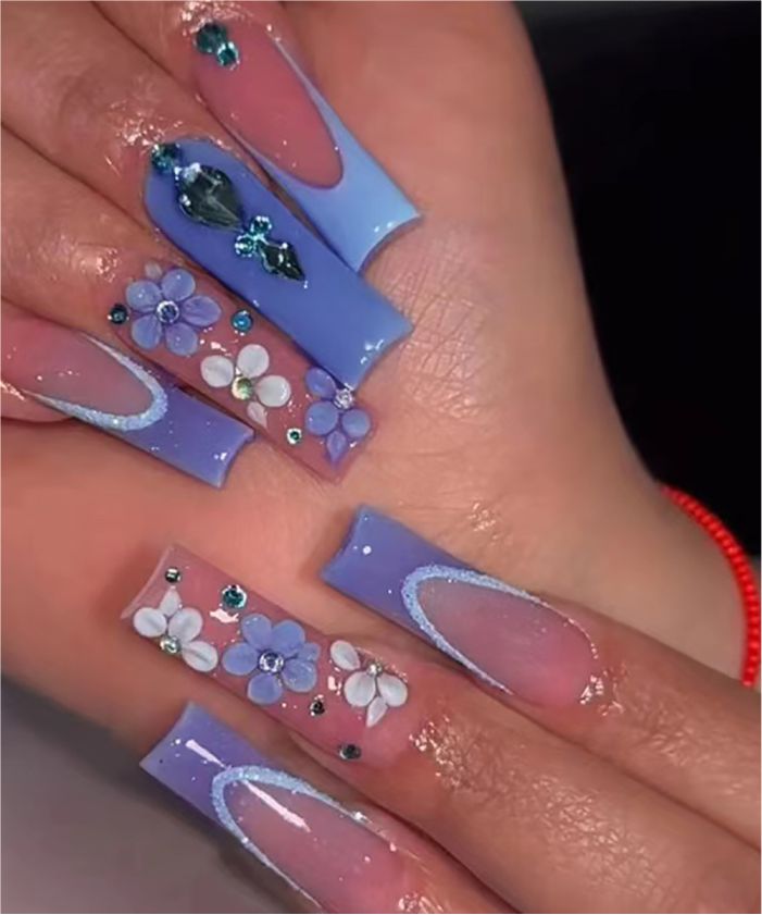 YU3GEMZ Twilight Bloom: Long Square Press-On Nails with Blue Glitter Accents