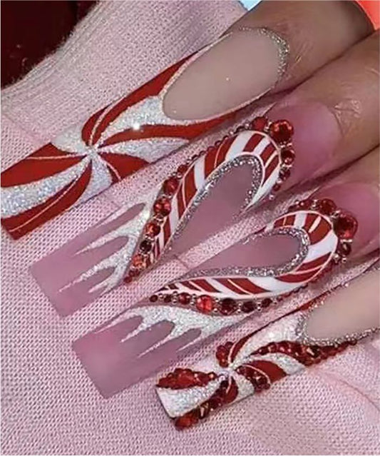 YU3GEMZ Peppermint Twist: Long Square Press-On Nails with Pink Base and Glittery White Tips