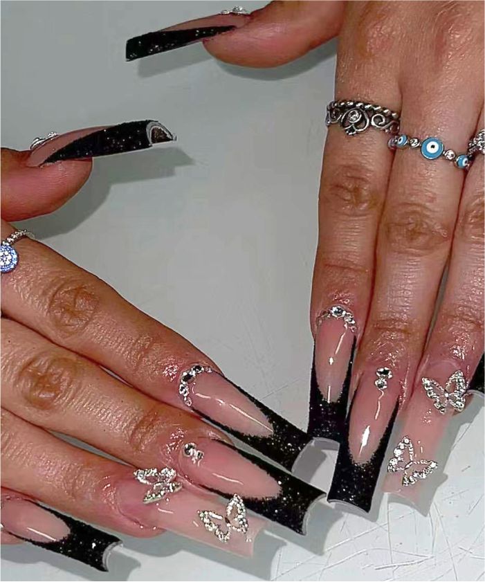 YU3GEMZ Eclipse Chic: Long Square Press-On Nails with Pink Glitter and Rhinestones