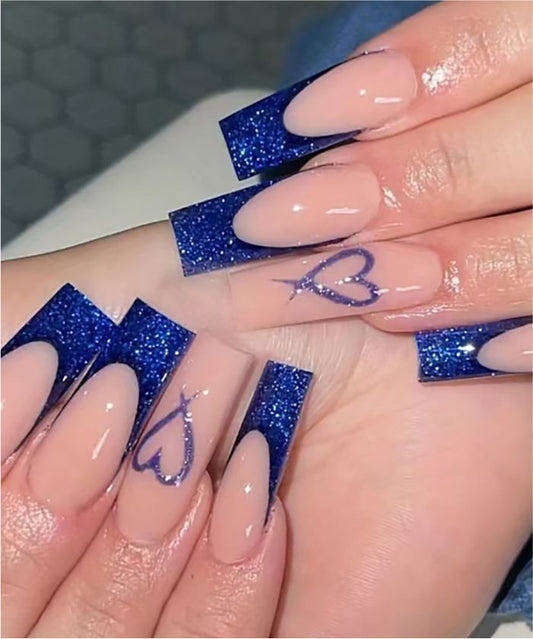 YU3GEMZ Spring Serenade: Long Square Press-On Nails with Seashell and Glitter Accents