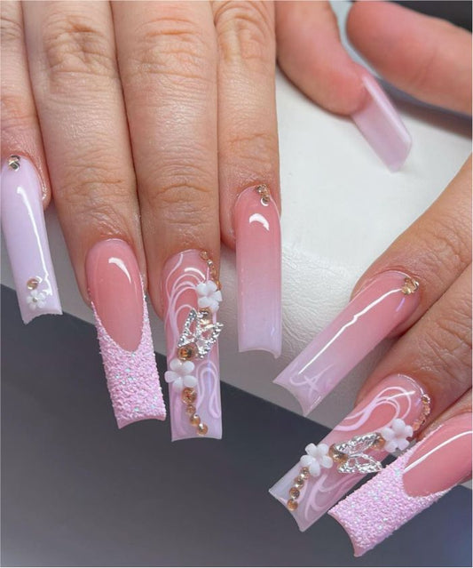 YU3GEMZ Pearlescent Dream:  Long Square Press-On Nails with Rose Gold Metallic Finish