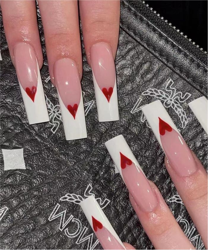 YU3GEMZ Queen of Hearts: Long Square Press-On Nails with Pink Base and White Tips