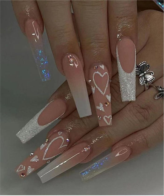 YU3GEMZ Cocoa Shimmer: Long Square Press-on Nails with Pink and White Tips