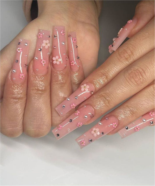 YU3GEMZ Cherry Blossom: Long Square Press-On Nails with 3D Flowers