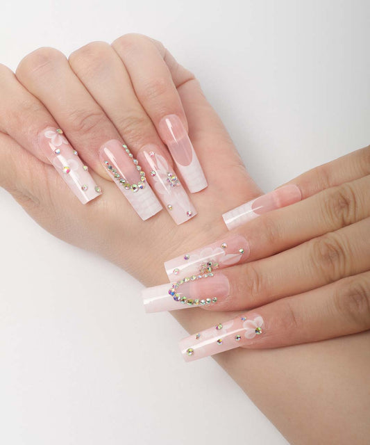 YU3GEMZ Blushing Petals: Long Square Press-On Nails with Rhinestone Embellishments