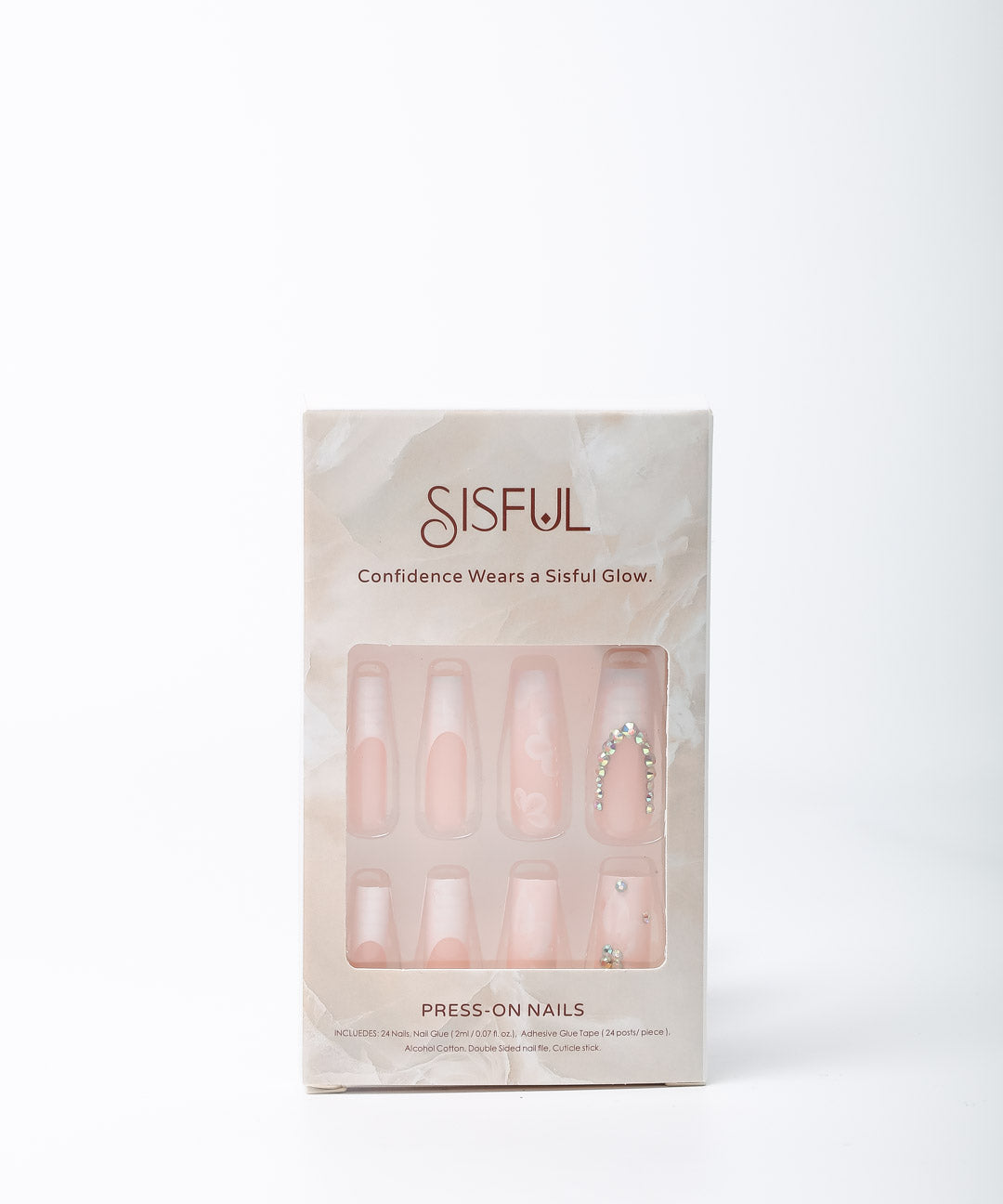 YU3GEMZ Blushing Petals: Long Square Press-On Nails with Rhinestone Embellishments