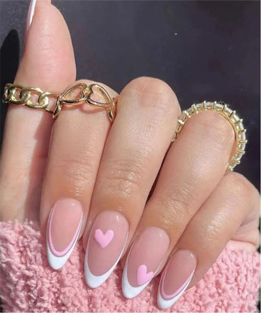 YU3GEMZ Eternal Pink: Medium Almond Nails with Pink Base and Red Glitter Hearts