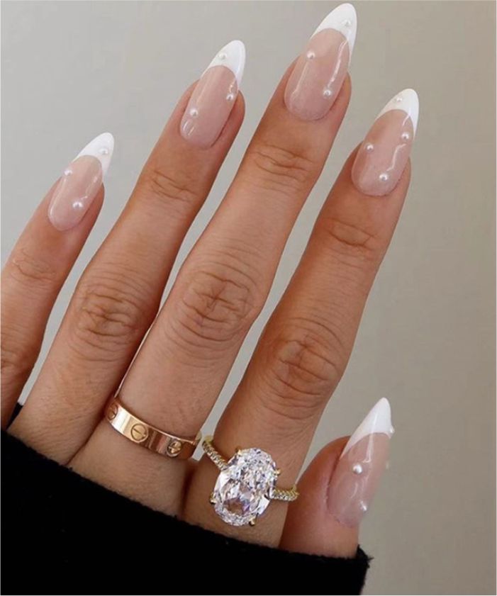 YU3GEMZ Ivory Glow: Medium Almonde Press-On Nails with Pink Base and White Tips