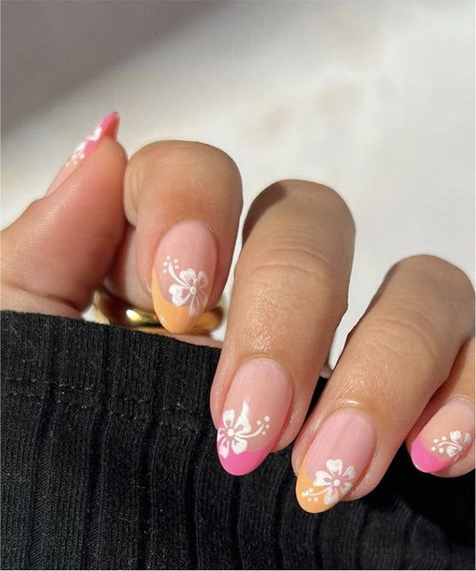 YU3GEMZ Sunrise Blossom: Short Stiletto Press-On Nails with Pink & Yellow Tip and Floral Designs