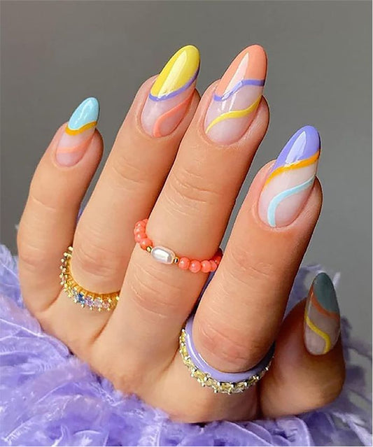 YU3GEMZ Pastel Rainbow - Artisan Press-On Nails with Vibrant Swirls