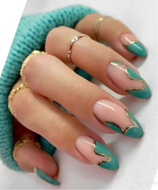 YU3GEMZ Fluttering Charm: Medium Round Press-On Nails with Glossy Emerald Green Finish